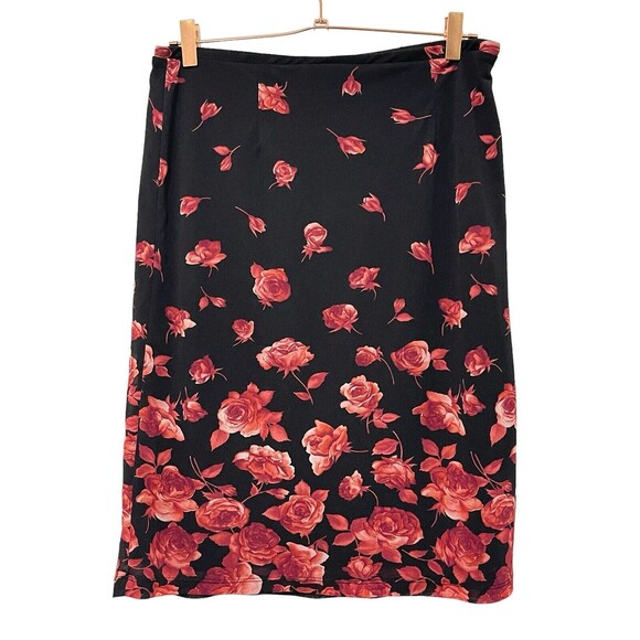 Express Black With Red Roses‎ Midi Skirt Size Large - Picture 3 of 5